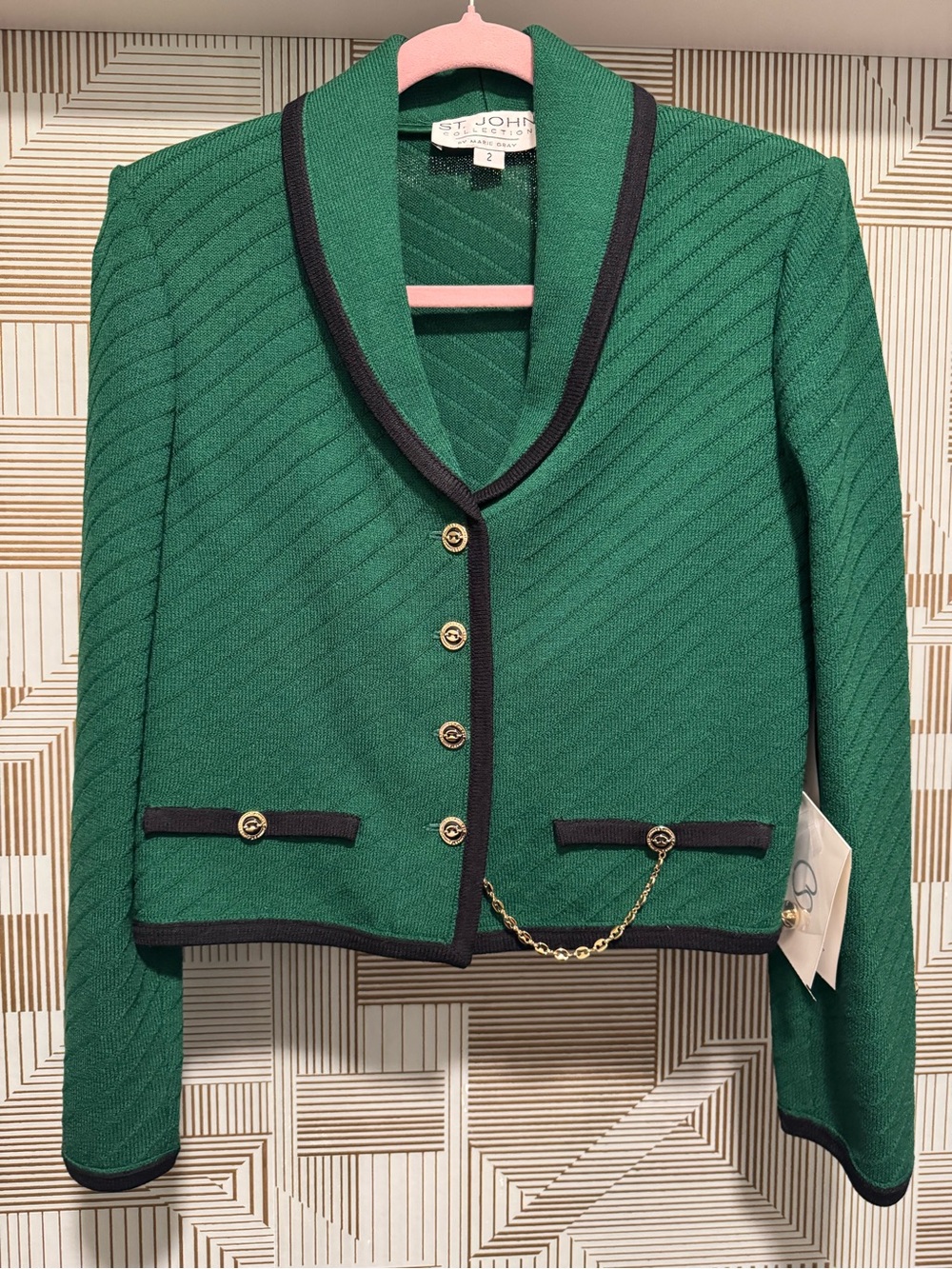 St. John Collection Emerald Green Knit Cropped Blazer with Black Trim